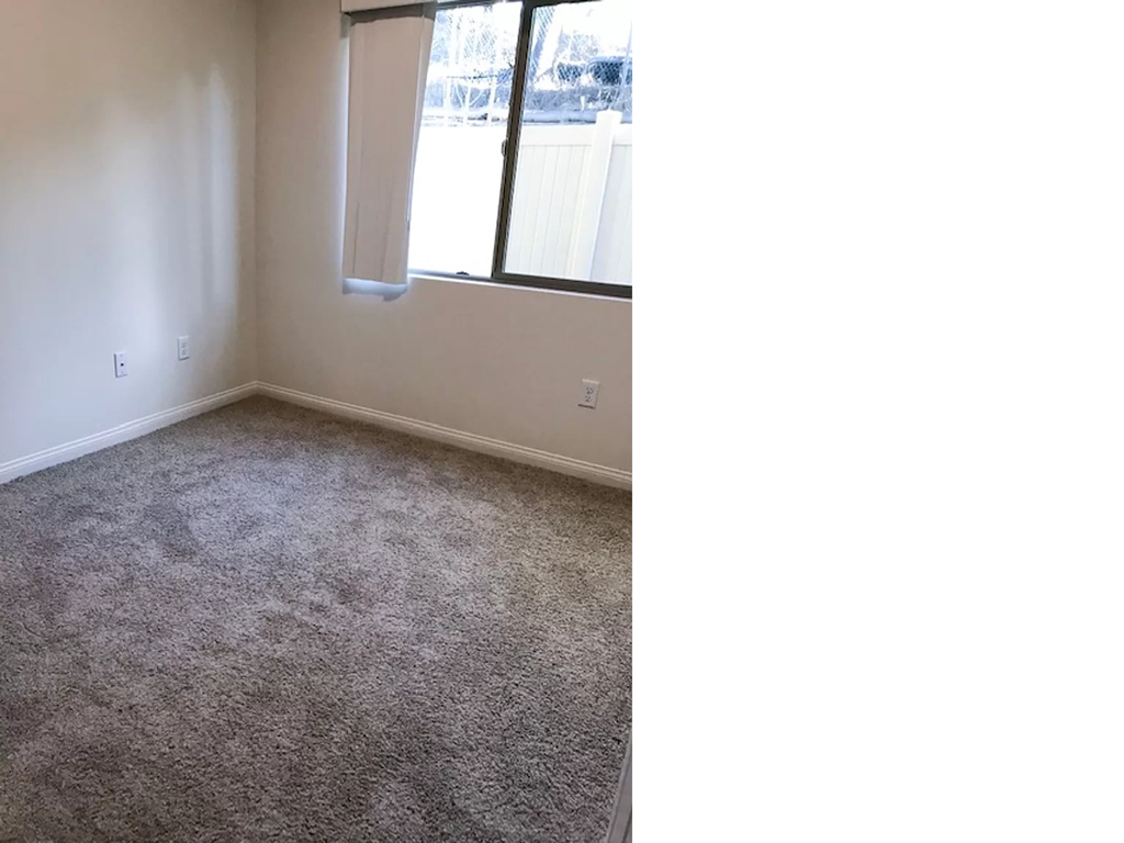 a bedroom with a window and a carpeted floor