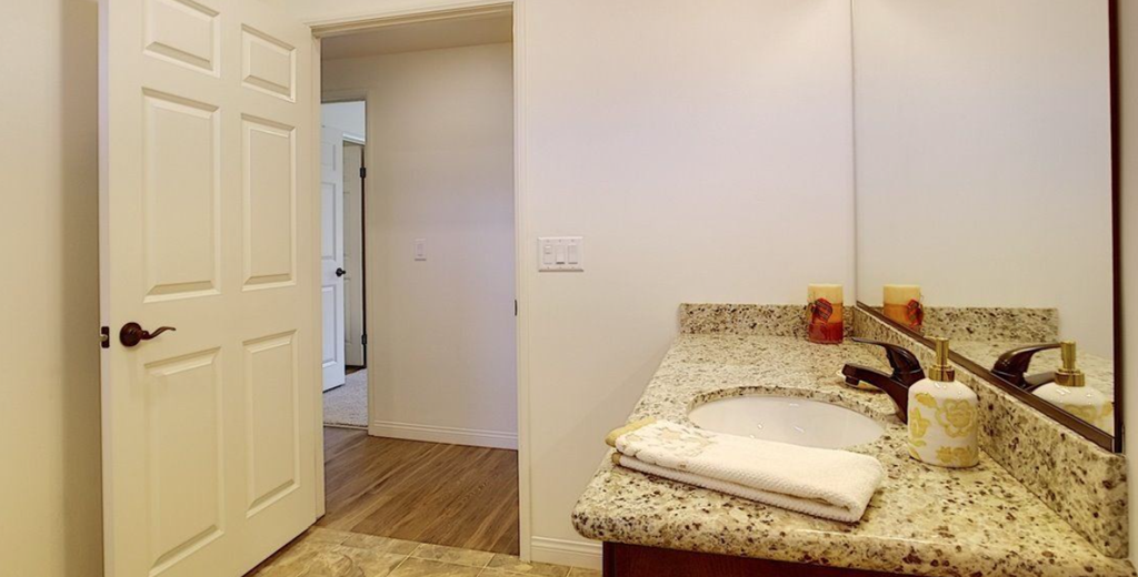 a bathroom with a sink and a white door