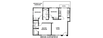 floor plan of the first floor of a house with bedrooms and a living room