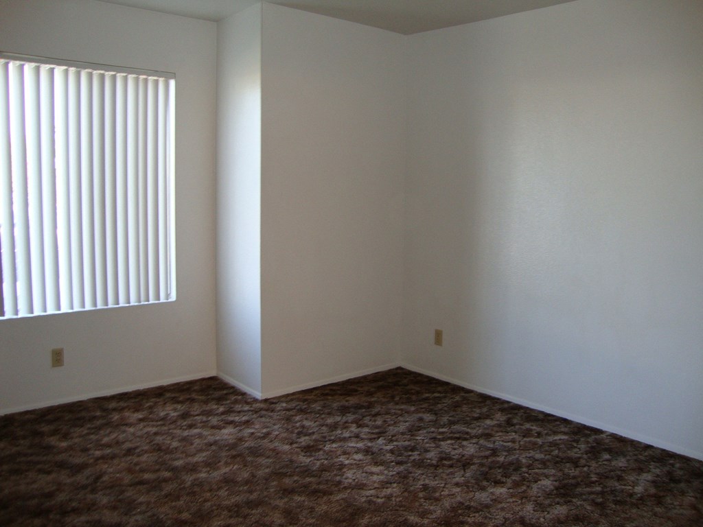 an empty room with a window and carpet