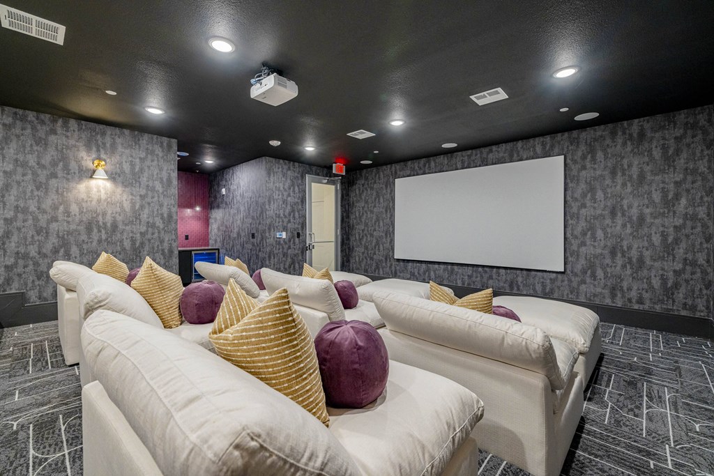 the theater room has couches and a projector screen