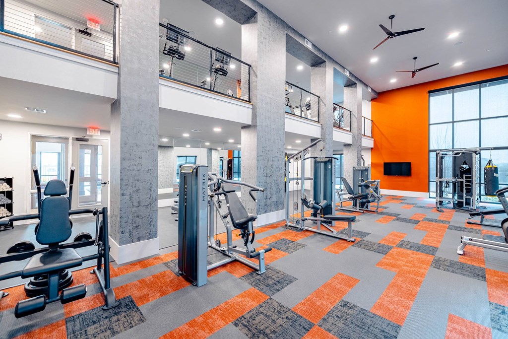 a gym with cardio equipment and weights in a building with large windows
