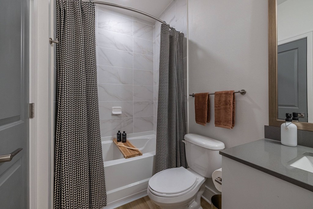 a bathroom with a shower and a toilet and a sink