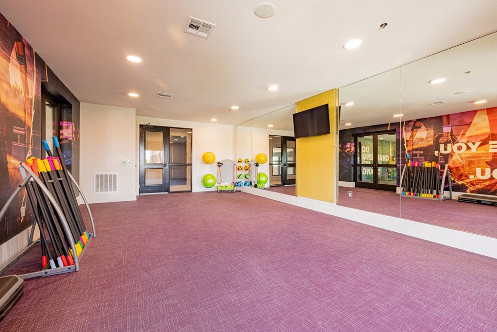 the preserve at ballantyne commons fitness room with purple carpet and mirrors