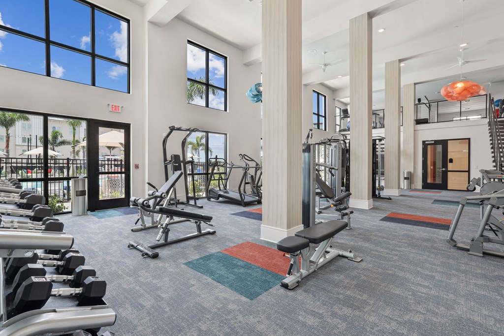 A gym with a variety of equipment including treadmills, weights, and exercise machines.