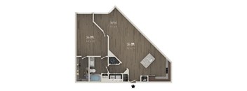 A drawing of a house with a kitchen, living room, and bathroom.