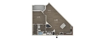 A drawing of a house with a kitchen, bathroom, and bedroom.
