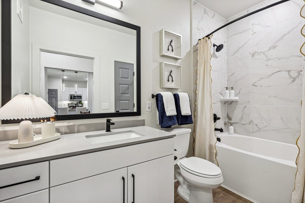 a bathroom with a large mirror and a sink and a toilet