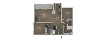 A floor plan of an apartment with a kitchen, living room, and bathroom.