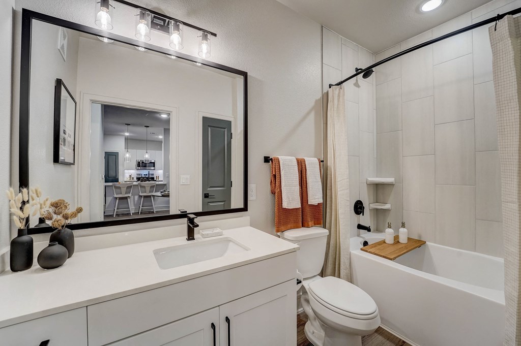 a bathroom with a large mirror and a sink and a toilet