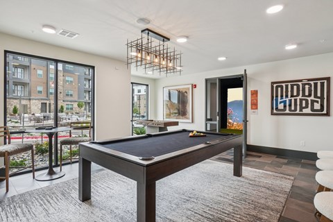 A pool table is in the middle of a room with a view of a patio outside.