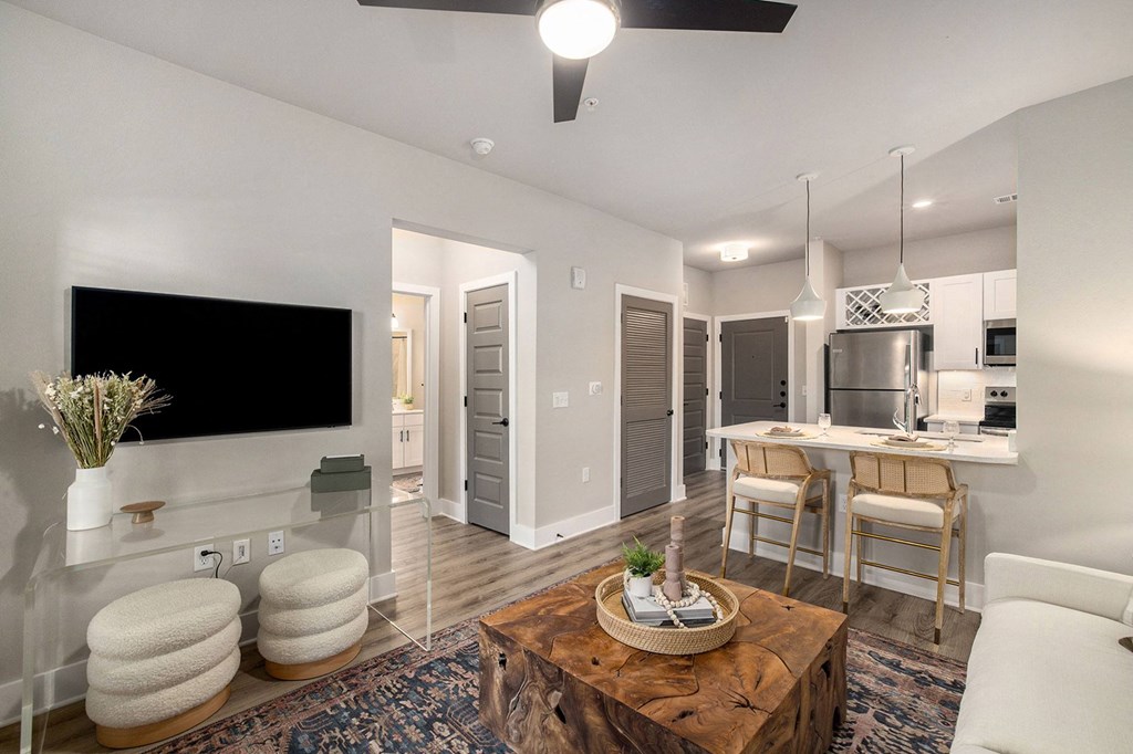 a living room with a couch and a table