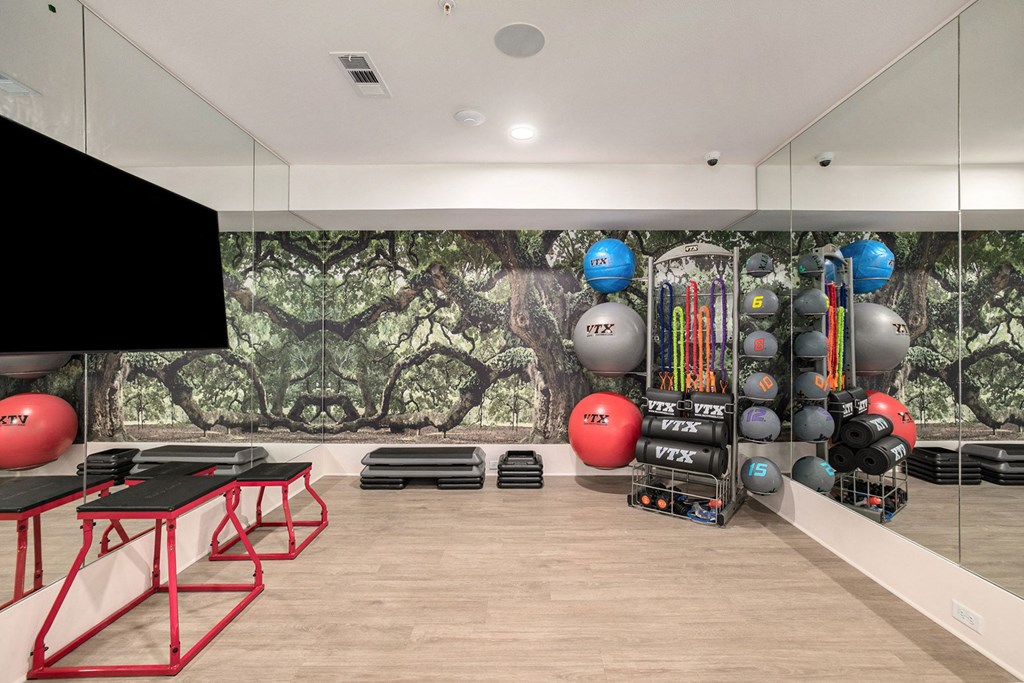 a fitness room with a wall mural of a tree and spheres on it