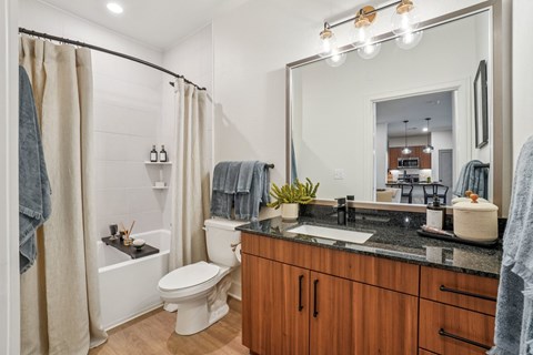 A bathroom with a toilet, sink, and a mirror.