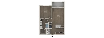 A floor plan of a small apartment with a bedroom, bathroom, and kitchen.