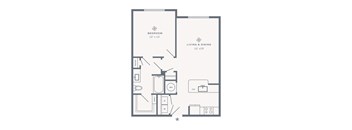 A floor plan of a small apartment with a bedroom, living room, and kitchen.