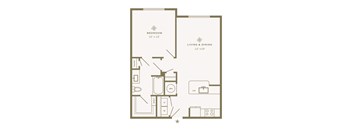 A floor plan of a small apartment with a bedroom, living room, and kitchen.