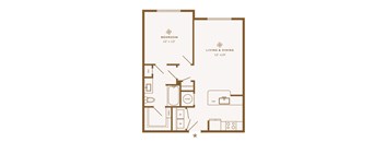 A floor plan of a small apartment with a bedroom and a living and dining area.