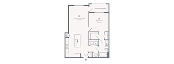 A floor plan of a small apartment with a living and dining area, a bedroom, a bathroom, and a kitchen.