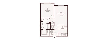 A floor plan of a small apartment with a bedroom and a living and dining area.