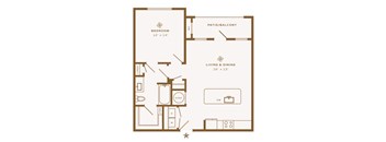 A floor plan of a small apartment with a bedroom, living room, and kitchen.