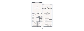 A floor plan of a small apartment with a bedroom, living room, and kitchen.