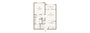 A floor plan of a small apartment with a bedroom, living room, and bathroom.