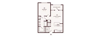 A floor plan of a small apartment with a bedroom, living room, and kitchen.