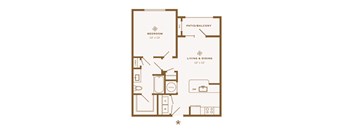A floor plan of a small apartment with a bedroom, living room, and kitchen.