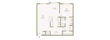 A floor plan of a small apartment with a living room, dining room, bedroom, and den.