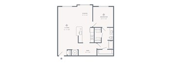 A floor plan of a small apartment with a living room, dining room, bedroom, and den.
