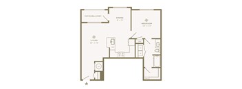 A floor plan of a small apartment with a living room, dining room, bedroom, and bathroom.