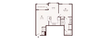 A floor plan of a small apartment with a living room, dining room, bedroom, and bathroom.