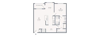 A floor plan of a small apartment with a living room, dining room, bedroom, and den.