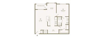 A floor plan of a small apartment with a living room, dining room, bedroom, and den.