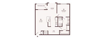 A floor plan of a small apartment with a living room, dining room, bedroom, and den.