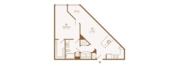 A floor plan of a house with a bedroom, dining area, and living room.