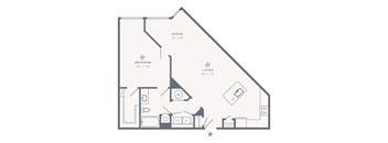 A floor plan of a house with a bedroom, dining room, living room, and pantry.