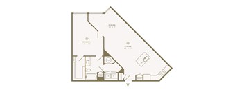A floor plan of a house with a bedroom, living room, dining room, kitchen, and pantry.