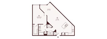 A floor plan of a house with a bedroom, living room, dining room, pantry, and laundry area.