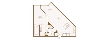 A floor plan of a house with a living room, dining room, bedroom, and bathroom.