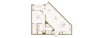 A floor plan of a house with a bedroom, living room, dining room, kitchen, and pantry.