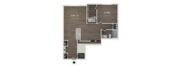 A floor plan of a room with a kitchen, living room, and bathroom.