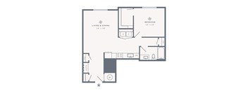 A floor plan of a small apartment with a living and dining area, a bedroom, and a kitchen.