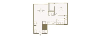 A floor plan of a small apartment with a living and dining area, a bedroom, and a kitchen.