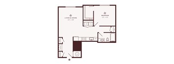 A floor plan of a small apartment with a living and dining area, a bedroom, and a kitchen.