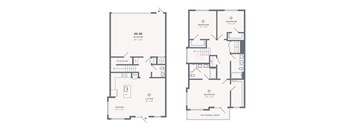 A floor plan of a house with two bedrooms, a garage, a living room, a dining room, a storage area, and a patio/balcony.