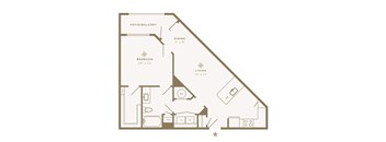 A floor plan of a house with a bedroom, dining area, and living room.