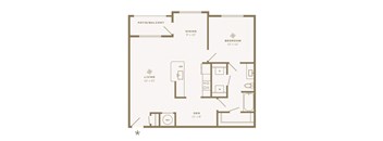 A floor plan of a small apartment with a living room, dining room, bedroom, and den.