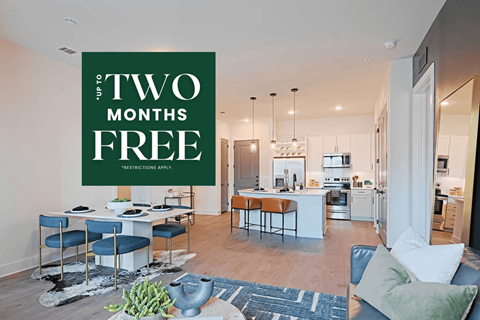 a living room and kitchen with a sign that reads two months free